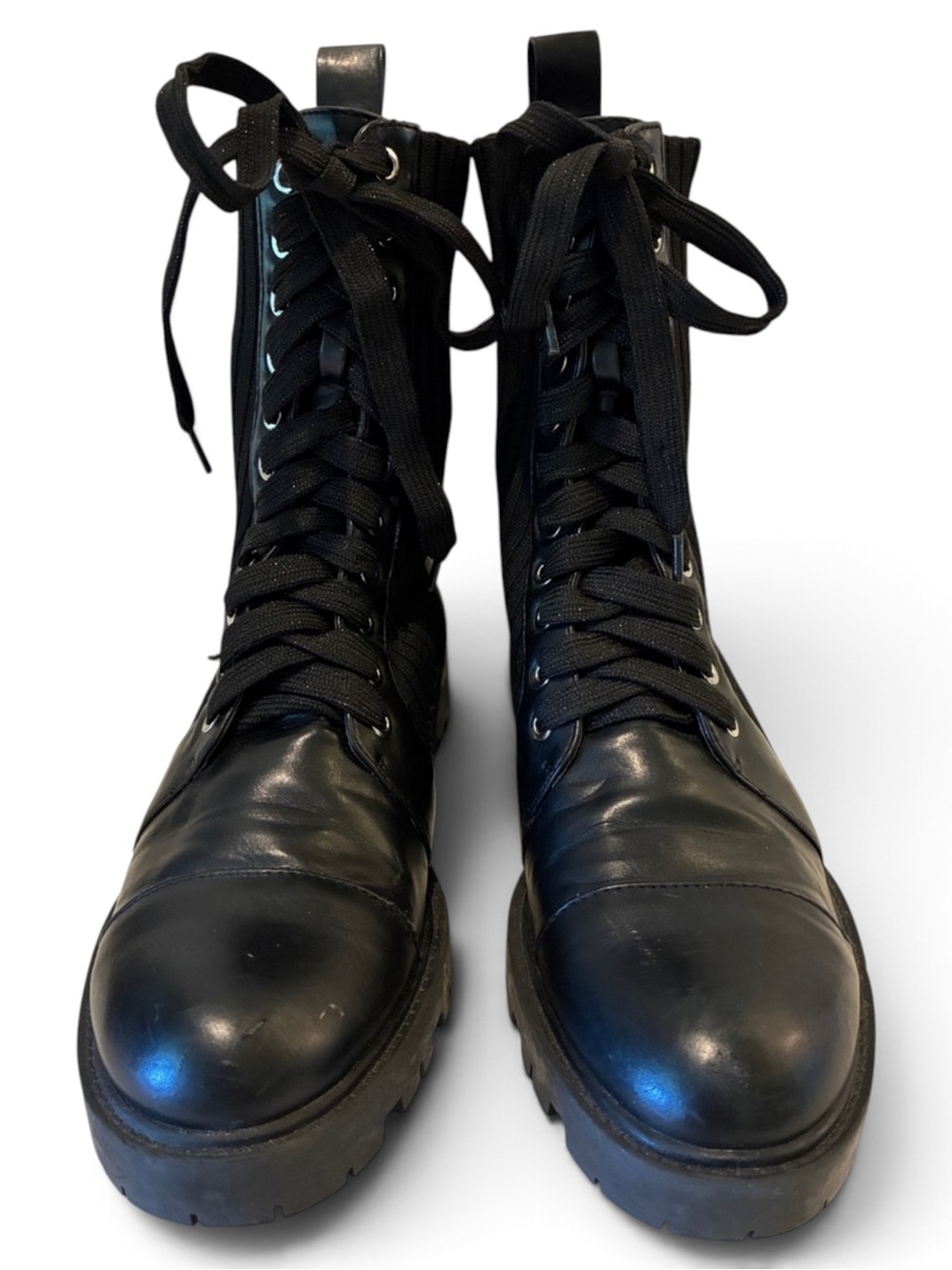 Zara Black cap toe combat boots. Rib  knit upper, glitter laces, lug sole. Sz40.